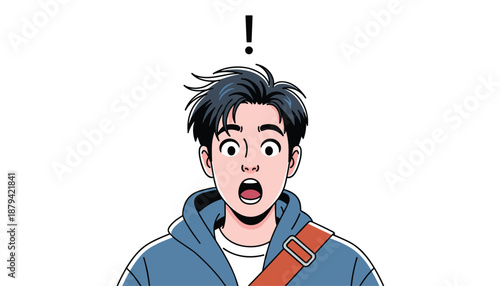 Surprised young man with exclamation mark symbol above head vector illustration for sudden realization and shock concepts.