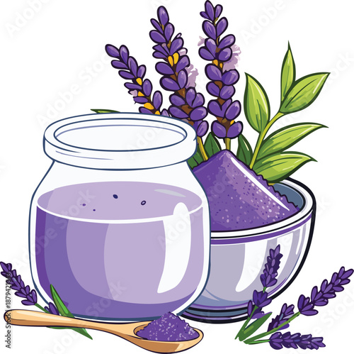 Lavender Spa Composition with Essential Oil Jar and Bath Salt Vector Illustration