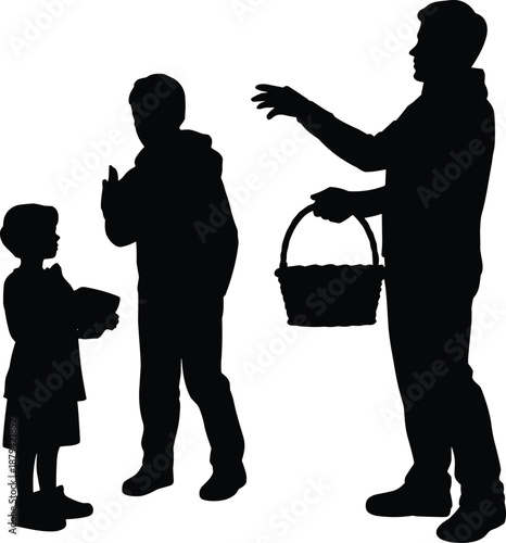 Family people silhouette vector illustration, parents and child interaction with basket isolated on white background, flat minimal design for daily life concept