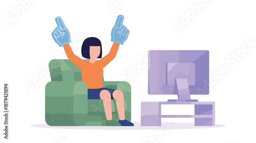 Excited woman with foam fingers watching sports or game on television at home