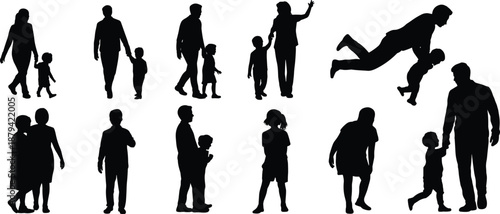 Family silhouettes collection showing parents and children walking, playing, holding hands, jumping together, loving moments, black vector illustration isolated on white background