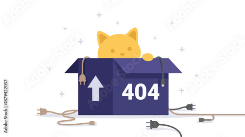 404 error page concept with cute cat peeking from a box and tangled plugs