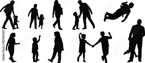 Family silhouettes, showing parents and children walking playing holding hands jumping together happy moments black vector illustration isolated on white background