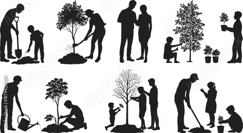 Family tree planting silhouettes showing parents and children gardening together, eco friendly outdoor activity, nature care concept, black vector illustration isolated on white
