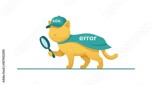 Illustration of a detective cat searching for a 404 web error