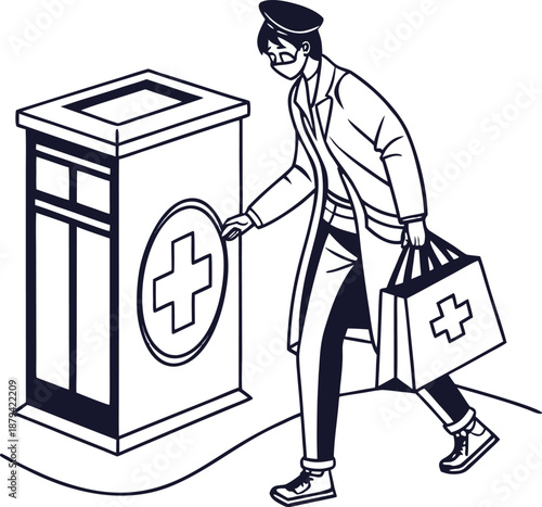 Medical Professional in Service: A dedicated medical professional, equipped with a medical bag, approaches a medical facility, embodying care and commitment.