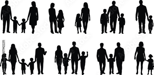 Family walking silhouettes collection, parents and children together holding hands, happy family life concept vector illustration isolated on white background
