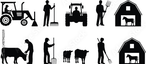 Farm agriculture silhouette set with tractor, farmers, livestock cattle, barn buildings, farming tools, rural countryside life, black vector illustration isolated on white