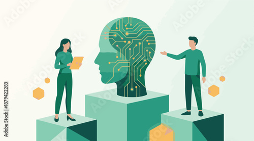 AI brain with circuit board, people interacting with data and technology