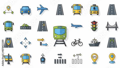Collection of transportation and traffic icons.