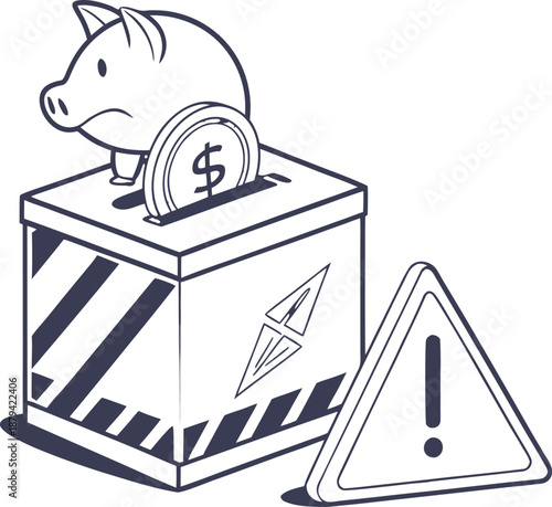 Warning on Finances: A piggy bank with a dollar coin being inserted into a cardboard box featuring an attention sign beside it, symbolizing financial caution and concerns.