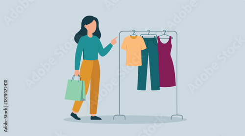 Woman shopping for clothes, browsing fashion on a retail rack in store