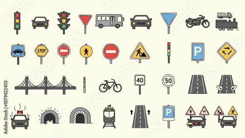 Collection of traffic signs and vehicles illustration.