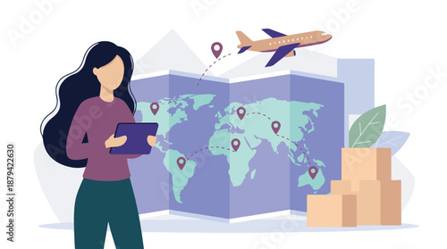 Woman tracking global logistics and package delivery on world map with airplane