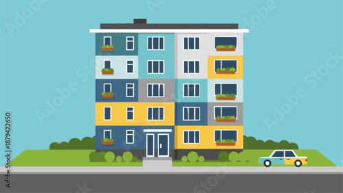 Colorful Apartment Building Facade with Car and Greenery.