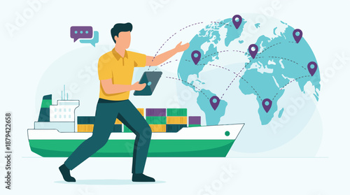 Digital logistics and global shipping illustration with container ship