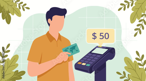 Man making cashless payment with credit card at POS terminal illustration