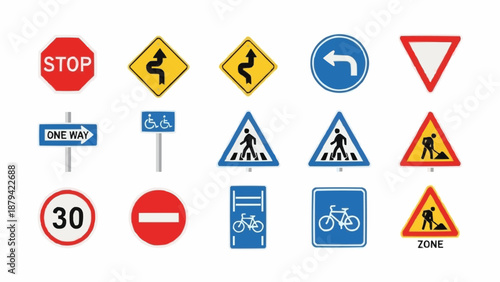 Collection of Various Road Traffic Signs and Symbols.