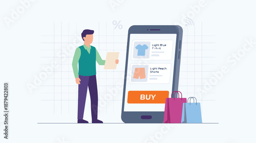 Man shopping online on smartphone with discount, e-commerce concept