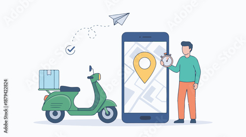 Speedy package delivery with scooter, smartphone map, and stopwatch