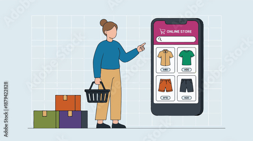 Woman using a smartphone for online shopping and e-commerce with delivery boxes