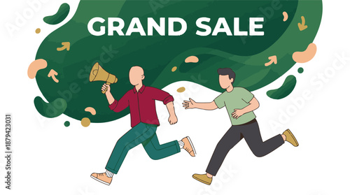 Two men running with megaphone announcing 'GRAND SALE' promotion