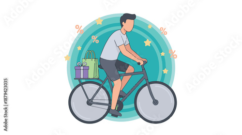 Illustration of a man cycling with shopping and gift during a sale