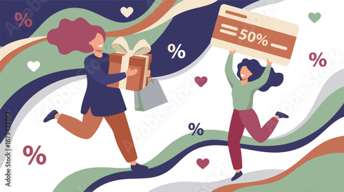 Happy women celebrating shopping, sales, and a 50% discount offer