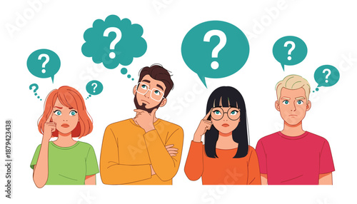 Diverse Group Of People Thinking With Question Mark Bubbles Vector