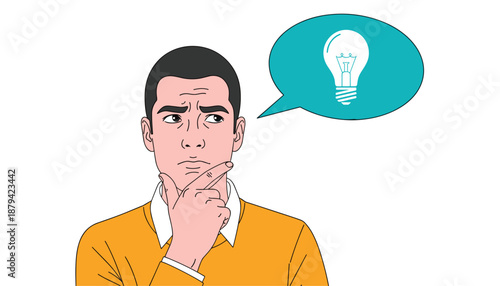 Pensive Man Having Creative Idea With Lightbulb Bubble Vector