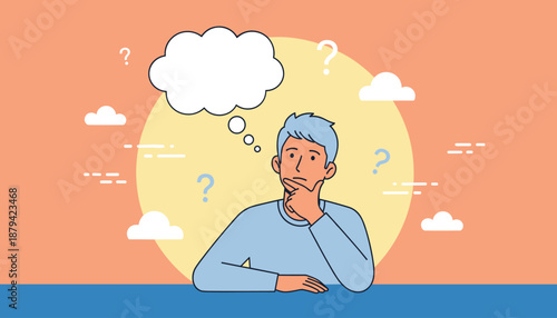 Thinking Man With Blank Thought Bubble And Question Marks Vector