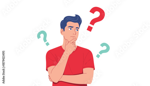Confused Man Thinking With Colorful Question Marks Flat Vector