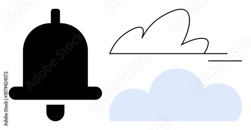 Notifications, cloud storage, digital alerts, technology interface, communication signals, weather updates. A black bell icon with two cloud shapes. Notifications and cloud storage concept