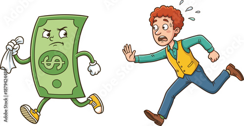 Cartoon money chasing frightened man, debt problem illustration, financial stress, loan repayment, runaway cash, humor concept, personal finance crisis situation