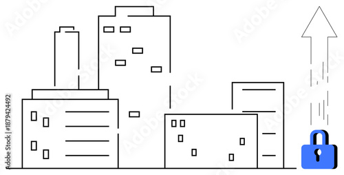 Cybersecurity, business growth, data protection, urban development, secure technology, productivity. Modern skyline with arrow and padlock. Cybersecurity and business growth