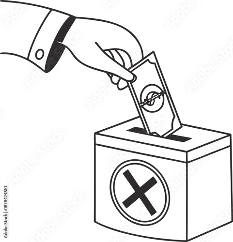 Vote buying depiction: A hand casts a monetary vote into a ballot box, highlighting a significant ethical concern. 