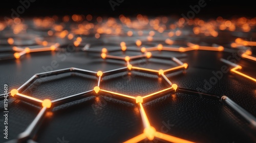 Abstract close-up of glowing hexagonal patterns with orange luminous connections on a dark textured surface, representing technology and innovation concepts