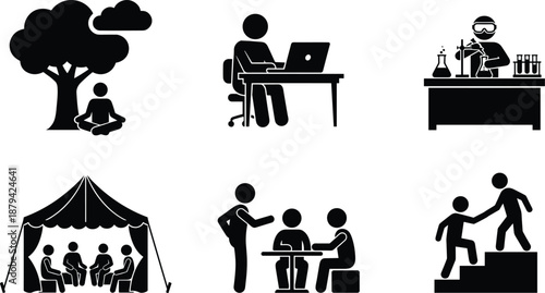 Human activities silhouette icon set showing meditation, work, science, teamwork, learning, leadership, lifestyle concepts, business, education, personal development illustration