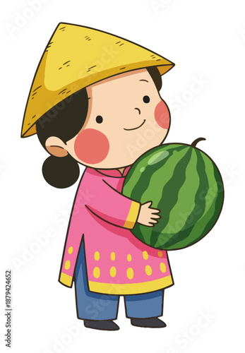 Vietnamese girl wearing a conical hat holding a watermelon