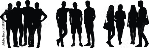 Group of people silhouettes standing together, social interaction concept, teamwork and friendship, community diversity, human relationships, casual lifestyle, communication illustration