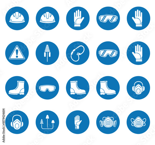 Collection of safety icons representing various protective gear and equipment used in hazardous environments and workplaces