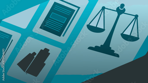Flat vector illustration of business law services with scales and documents in blue tones for legal consulting and corporate law firms with legal services