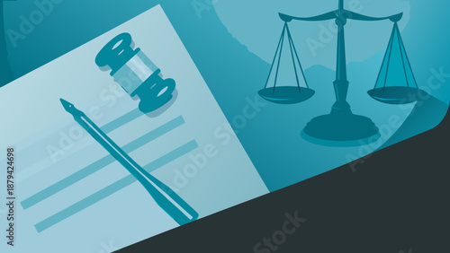Flat vector design symbolizing legal responsibility with gavel pen and scales with law and justice and lawyer and judge and court and document