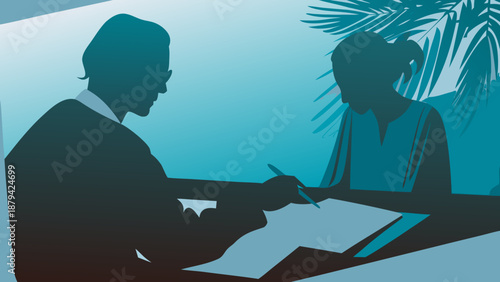 Flat illustration showing professional legal consultation between two people signing documents at a desk with a tropical background with silhouette