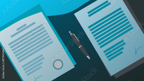 Flat vector illustration of legal documentation with pen on dark background for business and contract concepts with agreement and paper and signature