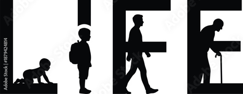 Human life stages concept illustrated with silhouettes forming word LIFE, baby child adult elderly, aging journey, growth, time, lifespan, evolution