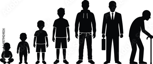 Human life stages silhouette illustration showing male growth from baby to elderly, aging process, lifestyle evolution, family development, generation concept, lifespan progression