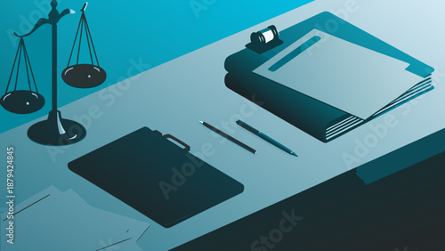 Modern legal workspace with scales of justice briefcase and documents on desk in flat vector illustration style for law office or lawyer advertisement