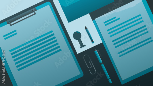 Flat vector illustration of legal paperwork and documents with office supplies on a desk in a modern workspace with business administration and document management