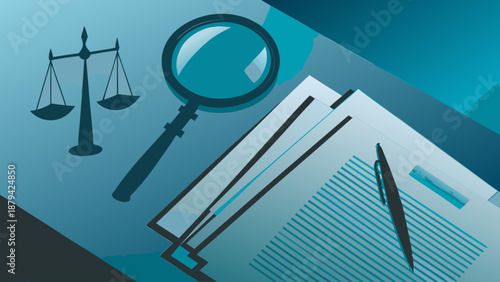 Flat vector illustration of legal expertise and advice with scales magnifying glass and documents on a desk for law and justice concepts with lawyer